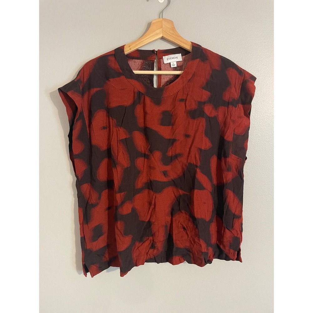 Evereve Blouse Womens Large Red Black Abstract Floral Cap Sleeve Boho Top